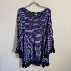 Printed Long-Sleeved Lace Trim Dress